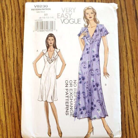 Y2K Vogue Pattern V8230 Semi Fitted Bias Dress Deep V Neck Ruffle Collar 8-14 - Picture 2 of 3
